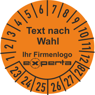 Pr&uuml;fplaketten bestehend aus einer selbstklebenden PE-Folie mit transparenter Schutzabdeckung Text nach Wahl mit individuellem Firmenlogo