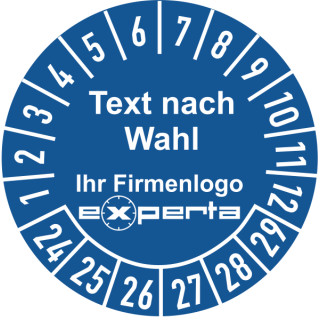 Prüfplaketten mit Firmenlogo und Text nach Wahl 25 mm Ø ca. 500 Stück/Rolle 2023-2028 Grund blau Text weiß