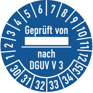 Prüfplaketten geprüft von-nach DGUV V3 30 mm ca. 285 Stück/Rolle PVC-Folie Grund blau Text weiß 2030-2035