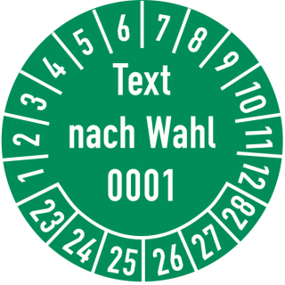 Prüfplaketten bestehend aus einer selbstklebenden PE-Folie und transparenter Schutzabdeckung Text nach Wahl mit fortlaufender Nummerierung
