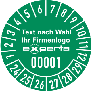 Prüfplaketten bestehend aus einer selbstklebenden PE-Folie mit transparenter Schutzabdeckung Firmenlogo mit Text nach Wahl und fortlaufender Nummerierung