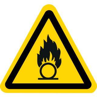 Gelbe Warnschilder für Warnhinweise vor brandfördernden Stoffen 25 mm Schenkellänge ca. 333 Stück/Rolle