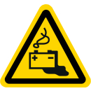 Gelbe Warnschilder für Warnhinweise vor Gefahren durch Batterien