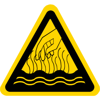 Gelbe Warnschilder für Warnhinweise vor heißen Flüssigkeiten und Dämpfen