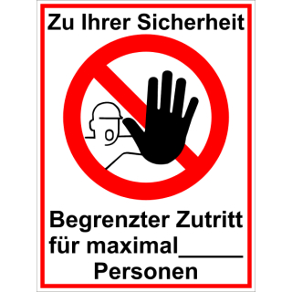 Selbstklebende und beschriftbare Hinweisschilder mit transparenten Schutzabdeckung - 2 Stück/VE -  Begrenzter Zutritt für maximal Personen  in verschieden Größen