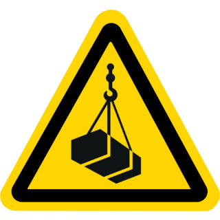 Gelbe Warnschilder für Warnhinweise vor schwebender Last
