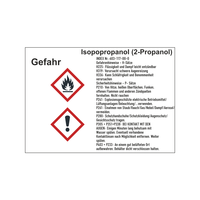 Produktbild von KSIGN Gefahrstoffetikett Isopropanol – GHS/CLP, Folie, 52x74 Mm, 10 Stück/Bogen – Chemikalienbeständig & Wischfest
