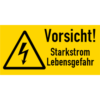Warn- und Hinweisschilder elektrischer Spannung Vorsicht! Starkstrom Lebensgefahr! gelbes Folienschild mit transparenter Schutzabdeckung