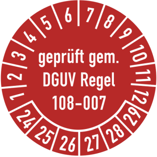 Prüfplaketten geprüft gemäß DGUV Regel 108-007 selbstklebend auf 10 Meter Rolle - 35 mm Ø ca. 250 Stück/Rolle - 2024-2029 - Grund rot Text weiß - Folie mit Schutzlaminat