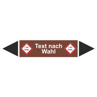 Rohrmarkierer mit 2 GHS-Symbolen je Fließrichtung nach DIN 2403 Text nach Wahl