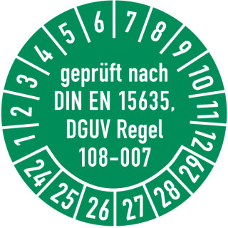 Prüfplaketten geprüft nach DIN EN 15635 DGUV Regel 108-007 selbstklebend auf 10 Meter Rolle in verschiedenen Variationen