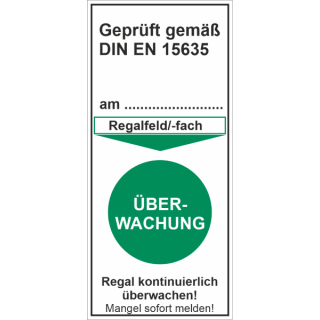 Grundetiketten "geprüft gemäß DIN EN 15635 - Überwachung Regal grün" ca. 42 x 92 mm ca. 110 Stück / Rolle - Hochwertige Folie