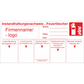 Nachweisetiketten "Instandhaltungsnachweis für Feuerlöscher mit individuellen Firmenlogo" ca. 50 x 100 mm ca. 100 Stück / Rolle