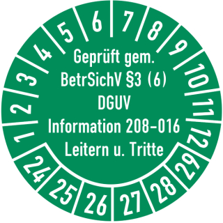 Prüfplaketten geprüft gemäß BetrSichV §3 (6) DGUV Information 208-016 Leitern und Tritte selbstklebend auf 10 Meter Rolle