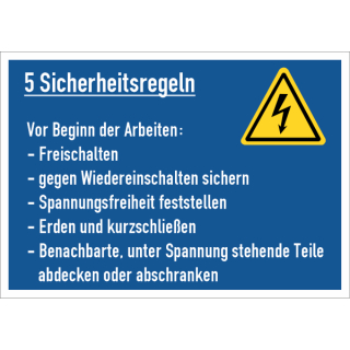 Selbstklebendes blaues Hinweisschild für Elektrokennzeichnung "5 Sicherheitsregeln vor Beginn der Arbeiten"