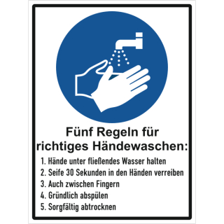Selbstklebendes Folienschild zur Kennzeichnung des Infektionsschutzes "Fünf Regeln für richtiges Hände waschen"