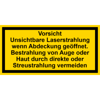 Gelbe Hinweisschilder für die Laserkennzeichung Vorsicht Unsichtbare Laserstrahlung wenn Abdeckung geöffnet. Bestrahlung von Auge oder Hautdurch direkte oder  Streustrahlung - selbstklebend hochwertiges Folienschild - 150 x 200 mm - Einzelpreis