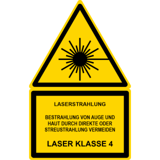 Gelbe Hinweisschilder für die Laserkennzeichung Laserstrahlung - Bestrahlung von Auge und Haut durch direkte oder Streustrahlung vermeiden - Laser Klasse 4 - selbstklebend hochwertiges Folienschild