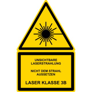 Gelbe Hinweisschilder für die Laserkennzeichung Unsichtbare Laserstrahlung - Nicht dem Strahl aussetzen - Laser Klasse 3B - selbstklebend hochwertiges Folienschild