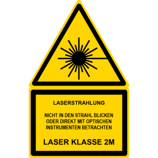 Gelbe Hinweisschilder für die Laserkennzeichung Laserstrahlung - Nicht in den Strahl blicken oder direkt mit optischen Instrumenten betrachten - Laser Klasse 2M - selbstklebend hochwertiges Folienschild