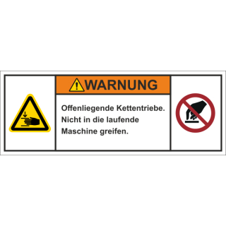 Produktsicherheitsschilder zur Maschinenkennzeichnung - Warnung Offenliegende Kettentriebe - Nicht in die laufende Maschinen greifen