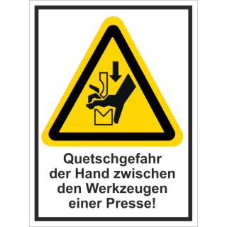 Kombi-Warnschild Quetschgefahr Hand zwischen Werkzeugen und Pressen - selbstklebende Folie mit transparentem Schutzlaminat