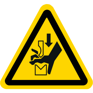 Gelbe Warnschilderer - Quetschgefahr der Hand zwischen den Werkzeugen und einer Presse