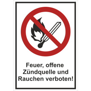 Kombi-Verbotsschild Feuer offene Flamme und Rauchen verboten - selbstklebende Folie mit transparentem Schutzlaminat