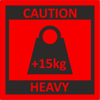 Leuchtrote Etiketten zum Kennzeichnen von Verpackungen Über 15 Kg schweres Paket - Heavy caution in 100 x 100 mm zu 1.000 Stück/Rolle