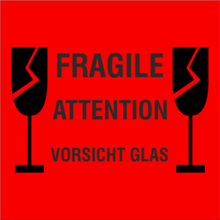 Leuchtrote Etiketten zum Kennzeichnen von Verpackungen Fragile Attention - Vorsicht Glas in 100 x 100 mm zu 1.000 Stück/Rolle