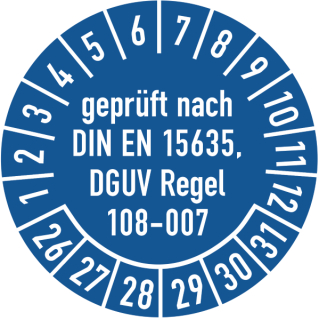 Prüfplaketten geprüft nach DIN EN 15635 DGUV Regel 108-007