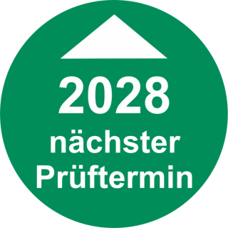 Prüfplakette nächster Prüftermin mit Jahreszahl 20 mm ca. 400 Stück/Rolle PVC-Folie Grund grün Text weiß 2028