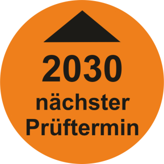 Prüfplakette nächster Prüftermin mit Jahreszahl 20 mm ca. 400 Stück/Rolle PVC-Folie Grund orange Text schwarz 2030