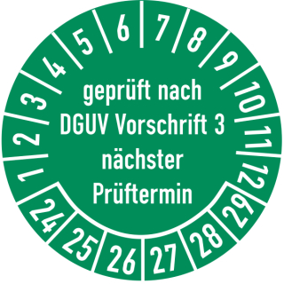 Prüfplakette geprüft nach DGUV Vorschrift 3 nächster Prüftermin in verschiedenen Variationen