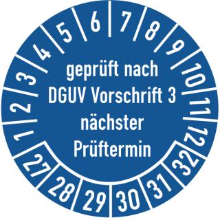Prüfplakette geprüft nach DGUV Vorschrift 3 30 mm ca. 285 Stück/Rolle PVC-Folie Grund blau Text weiß 2027-2032