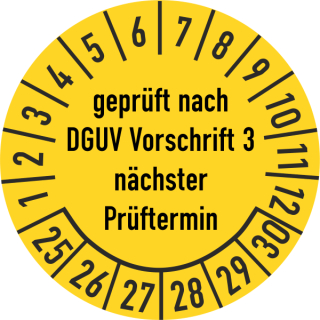 Prüfplakette geprüft nach DGUV Vorschrift 3 30 mm ca. 285 Stück/Rolle PVC-Folie Grund gelb Text schwarz 2025-2030