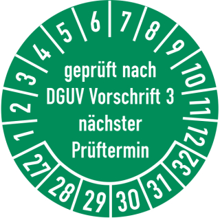 Prüfplakette geprüft nach DGUV Vorschrift 3 30 mm ca. 285 Stück/Rolle PVC-Folie Grund grün Text weiß 2027-2032