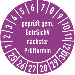 Prüfplakette geprüft gem. BetrSichV nächster Prüftermin in verschiedenen Variationen 30 mm ca. 285 Stück/Rolle PVC-Folie Grund violett Text weiß 24-29