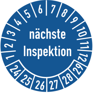 Prüfplakette nächste Inspektion 16 mm ca. 500 Stück/Rolle PVC-Folie Grund blau Text weiß 2024-2029