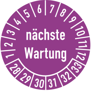 Prüfplakette nächste Wartung 35 mm ca. 250 Stück/Rolle PVC-Folie Grund violett Text weiß 2028-2033