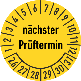 Prüfplakette nächster Prüftermin 20 mm ca. 400 Stück/Rolle PVC-Folie Grund gelb Text schwarz 2026-2031