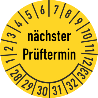 Prüfplakette nächster Prüftermin 20 mm ca. 400 Stück/Rolle PVC-Folie Grund gelb Text schwarz 2028-2033