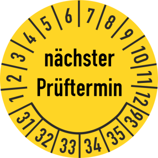 Prüfplakette nächster Prüftermin 20 mm ca. 400 Stück/Rolle PVC-Folie Grund gelb Text schwarz 2031-2036