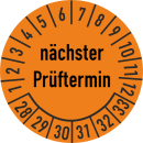 Prüfplakette nächster Prüftermin 20 mm ca. 400 Stück/Rolle PVC-Folie Grund orange Text schwarz 2028-2033