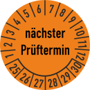 Prüfplakette nächster Prüftermin 25 mm ca. 333 Stück/Rolle PVC-Folie Grund orange Text schwarz 2025-2030