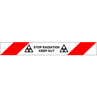 Rot-weiß schraffiertes Gewebeabsperrband STOP RADIATION KEEP OUT mit schwarzen Symbolen - 40 mm x 50 Meter