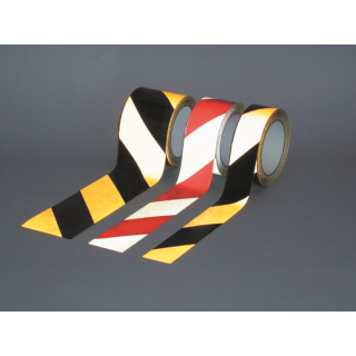 Reflektierende Warnklebebänder mit transparentem Schutzlaminat  25 mm x 10 m gelb-schwarz schraffiert reflektierend linksweisend