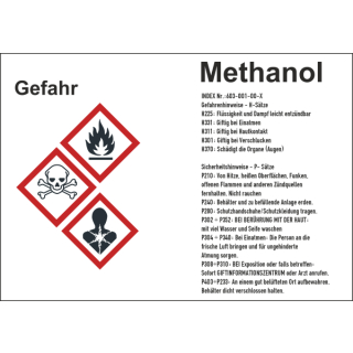 GHS-Gefahrstoffetiketten mit H- und P-S&auml;tzen f&uuml;r Methanol selbstklebend zu 1.000 Stk/Rolle in verschiedenen Variationen erh&auml;ltlich