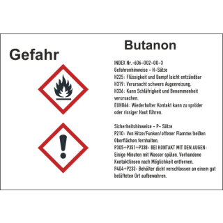 GHS-Gefahrstoffetiketten mit H- und P-S&auml;tzen f&uuml;r Butanon selbstklebend zu 1.000 Stk/Rolle in verschiedenen Variationen erh&auml;ltlich