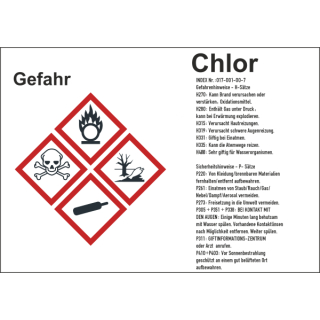 GHS-Gefahrstoffetiketten mit H- und P-S&auml;tzen f&uuml;r Chlor selbstklebend zu 1.000 Stk/Rolle in verschiedenen Variationen erh&auml;ltlich